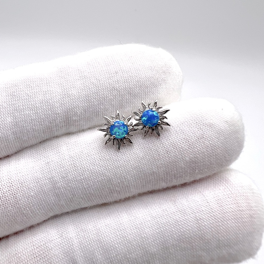 .925 Sterling Silver Blue Lab Created Opal Sun Earrings